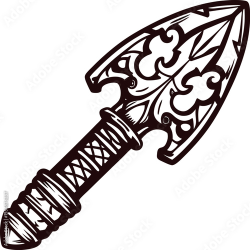 Ornate vintage spearhead with intricate floral engraving and wrapped handle, hand drawn in monochrome engraving