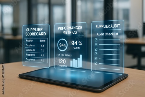 A digital interface displays essential data on a tablet, showcasing supplier scorecards, performance metrics, and audit checklists for effective data analysis.
