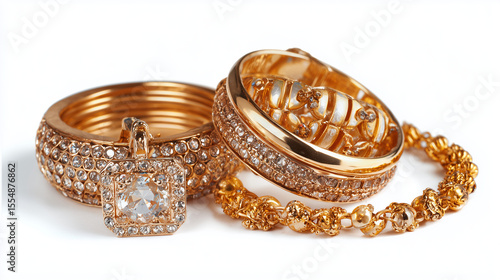 Various gold jewellery isolated on white -