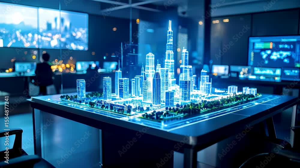High-tech control room showcasing a holographic 3D model of a city used for AI-optimized urban planning, infrastructure simulation, and smart city management.