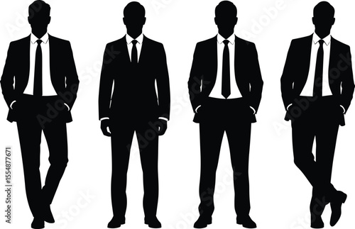 Silhouette of men in business suits standing confidently, stylish formal male fashion vector, elegant posture, isolated flat design