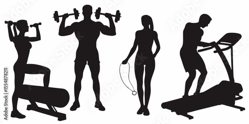 Fitness gym workout silhouette featuring treadmill weights jump rope and step machine for exercise training, vector art