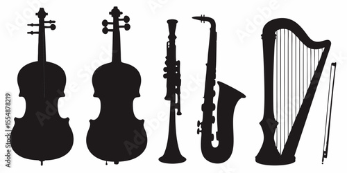 Musical instruments vector silhouette of violin cello clarinet saxophone and harp for music lovers design