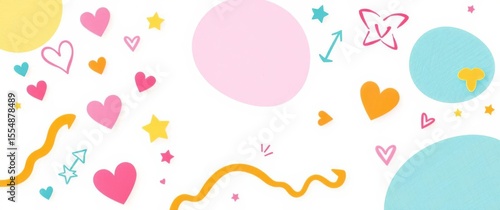 Playful pastel shapes and doodles create a cheerful, whimsical design with hearts and stars on a white background.