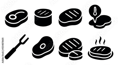 Food, cooking silhouette icon set. meat, temperature, grill, bbq tools silhouette pack