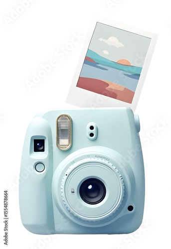Light blue instant camera captures joyful memories. beautiful sunset photo prints out