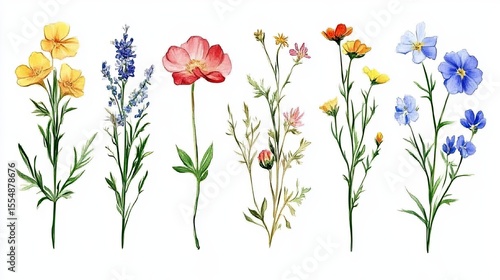 Assorted blooming wildflowers arranged in rows, showing different types and colors in realistic artistic style