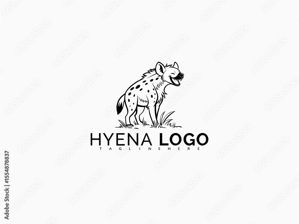 Fototapeta premium Friendly hyena mascot cartoon vector logo. Black and white design for baby toys, branding projects, zoo-themed children’s books, sticker art, and educational illustrations.