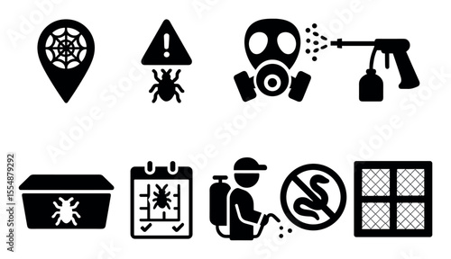Pest control solid icon set. insects, pesticide, spray tools solid icons collection.