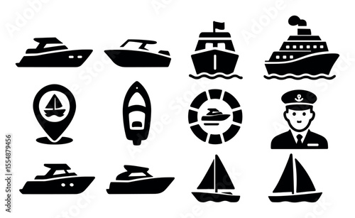 Boat and ship silhouette icon set. marine, nautical, sailing symbols collection