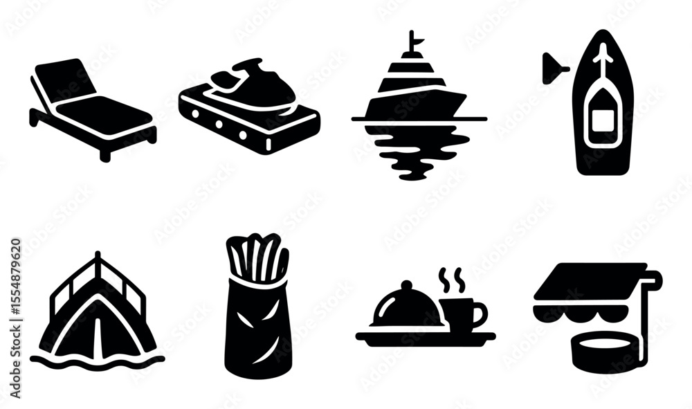 Fototapeta premium Travel and tourism filled icon set. adventure, vacation, boat, dining, relaxation icons