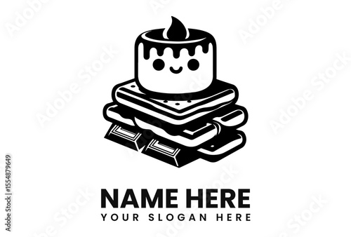 A stylized illustration of a s'more with a marshmallow character on top, in black and white.