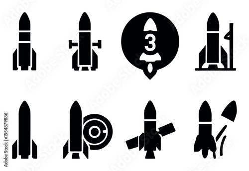 Rocket and spaceship silhouette icon set. spacecraft, launch, satellite silhouettes
