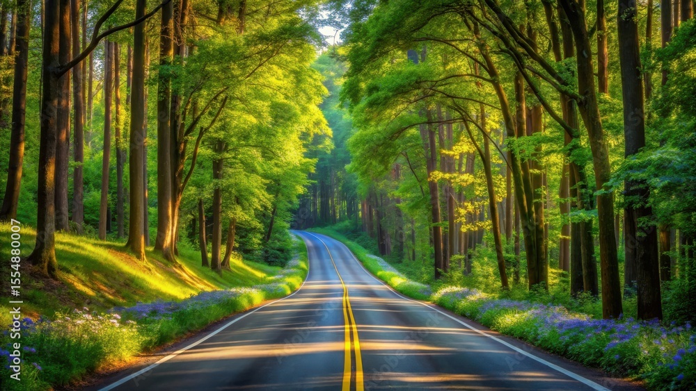 Fototapeta premium Serene Forest Road at Dawn A Picturesque Drive Through Lush Green Trees and Wildflowers