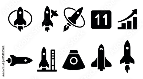 Space exploration silhouette icon set. rocket, launchpad, spacecraft silhouette collection