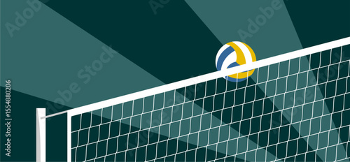 Vector of volley ball and the net on stripes green backdrop