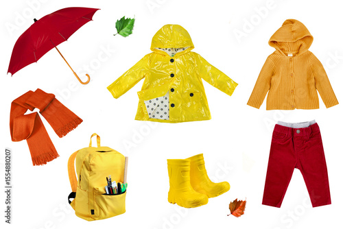 Collage of children's autumn clothes and accessories on white background