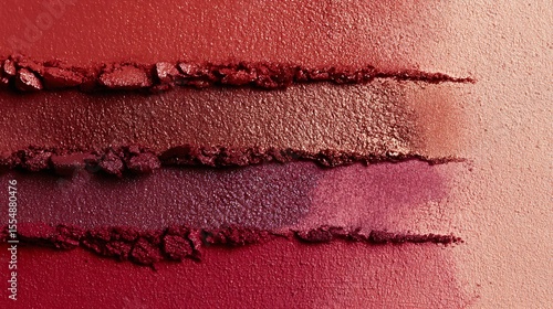 Macro shot of three horizontal cosmetic product strokes in different red tones