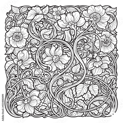 Intricate floral art nouveau linework design black and white