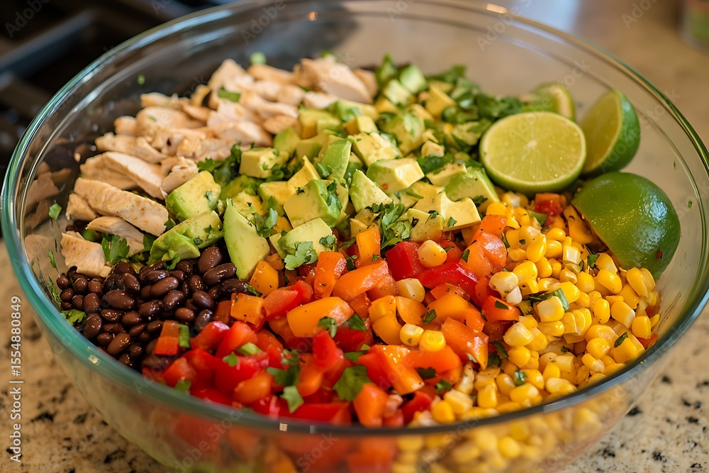 A colorful chopped salad in a glass bowl A colorful chopped salad in a glass bowl