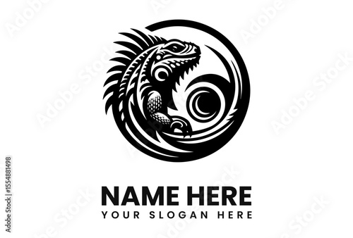 Stylized iguana logo design, black and white, circular frame, tribal art style.