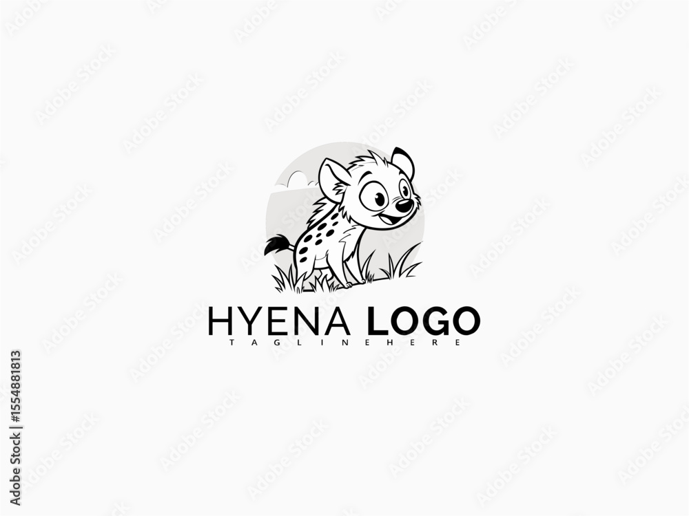 Fototapeta premium Clean cartoon vector logo of a cute baby hyena in black and white. Perfect for branding kids’ items, educational books, zoo-themed toys, or animal character merchandise.
