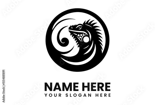 Stylized black and white logo featuring an iguana inside a circle with swirling elements.
