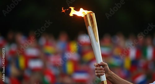 Olympic Torch Lit, Held High, Amidst a Sea of Flags