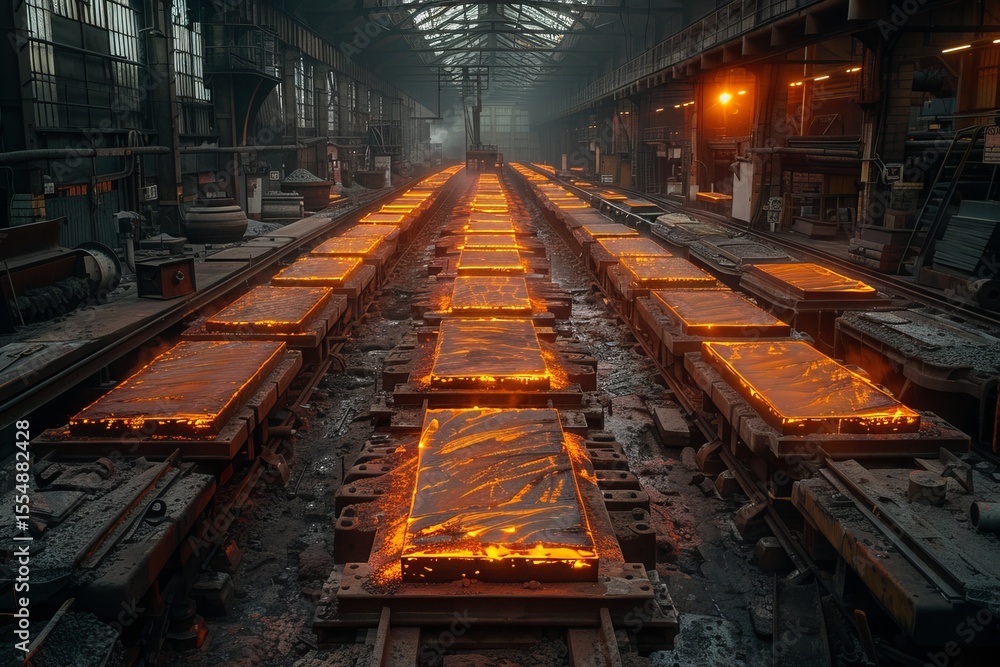Hot steel slabs cooling down in a steel mill conveyor belt Hot steel slabs cooling down in a steel mill conveyor belt