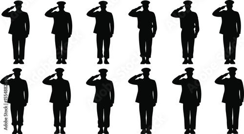 Silhouette group of saluting soldiers in uniform, standing in formation, military vector art, isolated black figures on white background