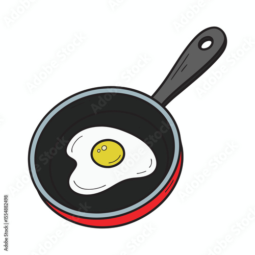 Fried egg in a black frying pan with red trim cooking