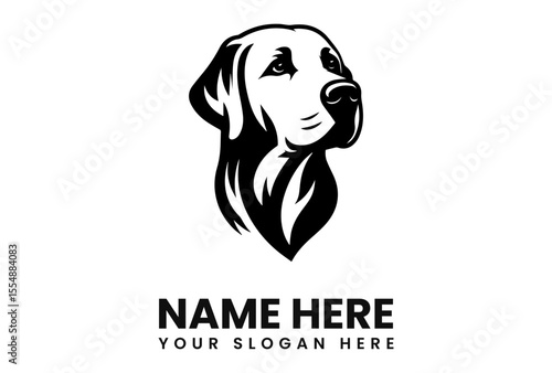 A black and white illustration of a dog's head, with space for text.
