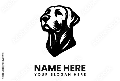 A stylized black and white illustration of a Labrador Retriever dog head.