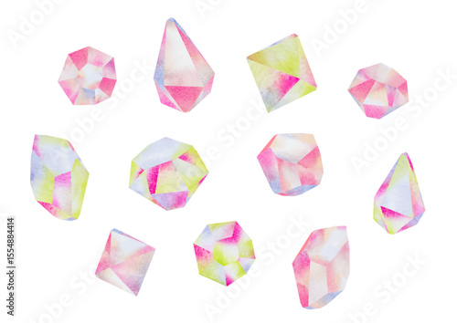 Neon-colored gemstones drawn in watercolor