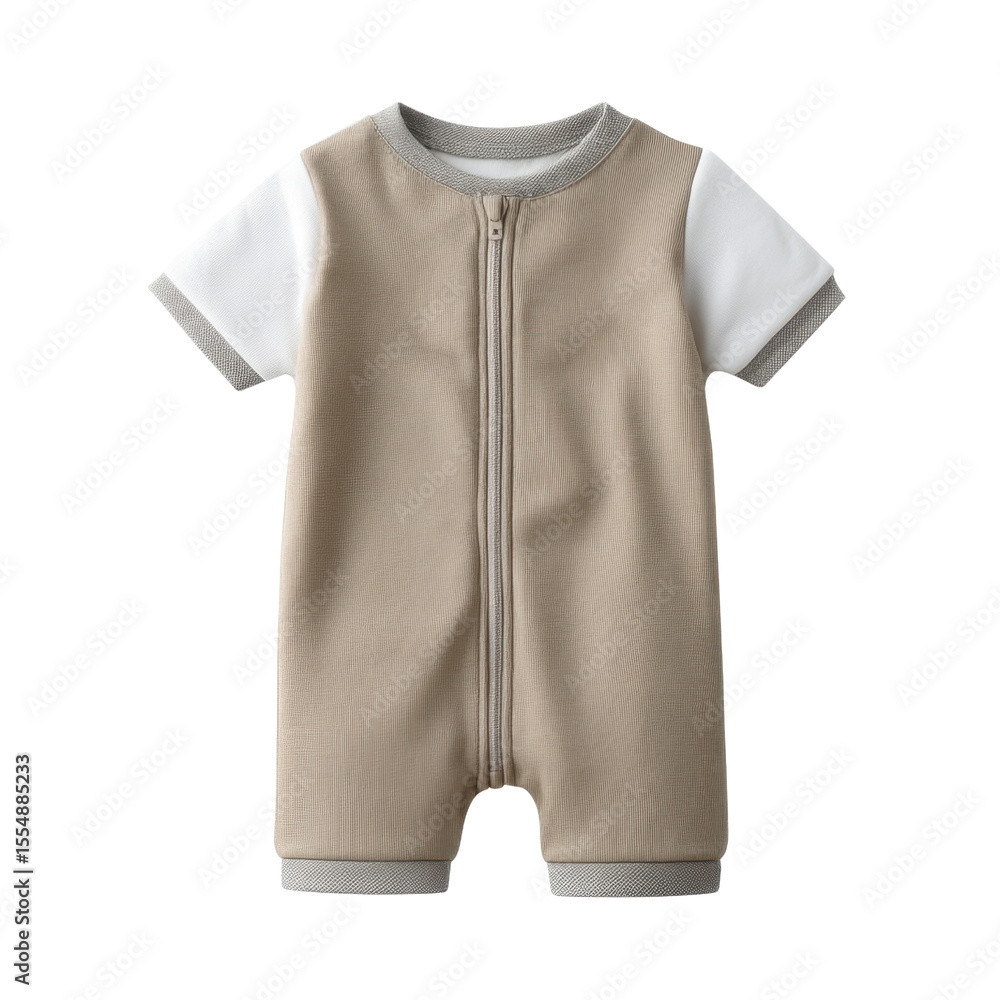 Fototapeta premium Stylish Baby Romper with Short Sleeves and Zipper Closure in Neutral Tones for Comfortable Infant Wear Transparent background or png