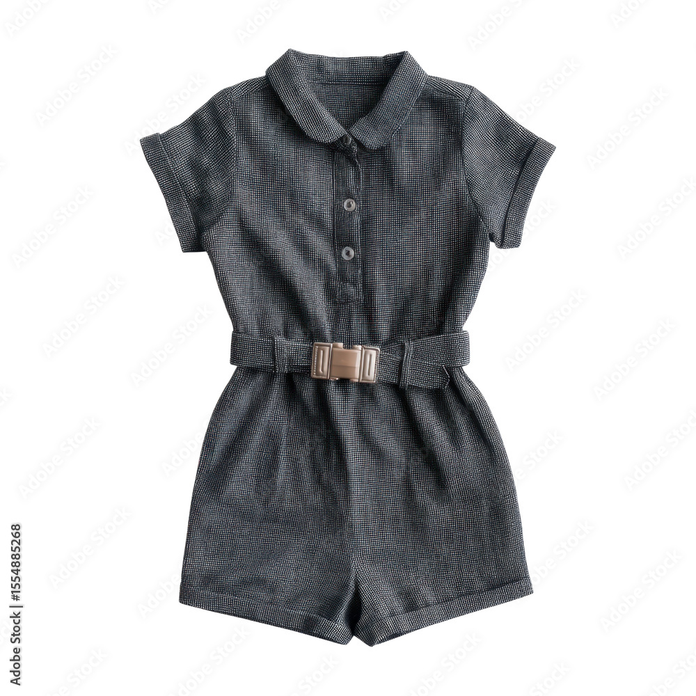 Stylish Gray Short-Sleeve Romper with Belt and Collar for Modern Casual Wear in Summer Fashion Transparent background or png Stylish Gray Short-Sleeve Romper with Belt and Collar for Modern Casual Wear in Summer Fashion Transparent background or png