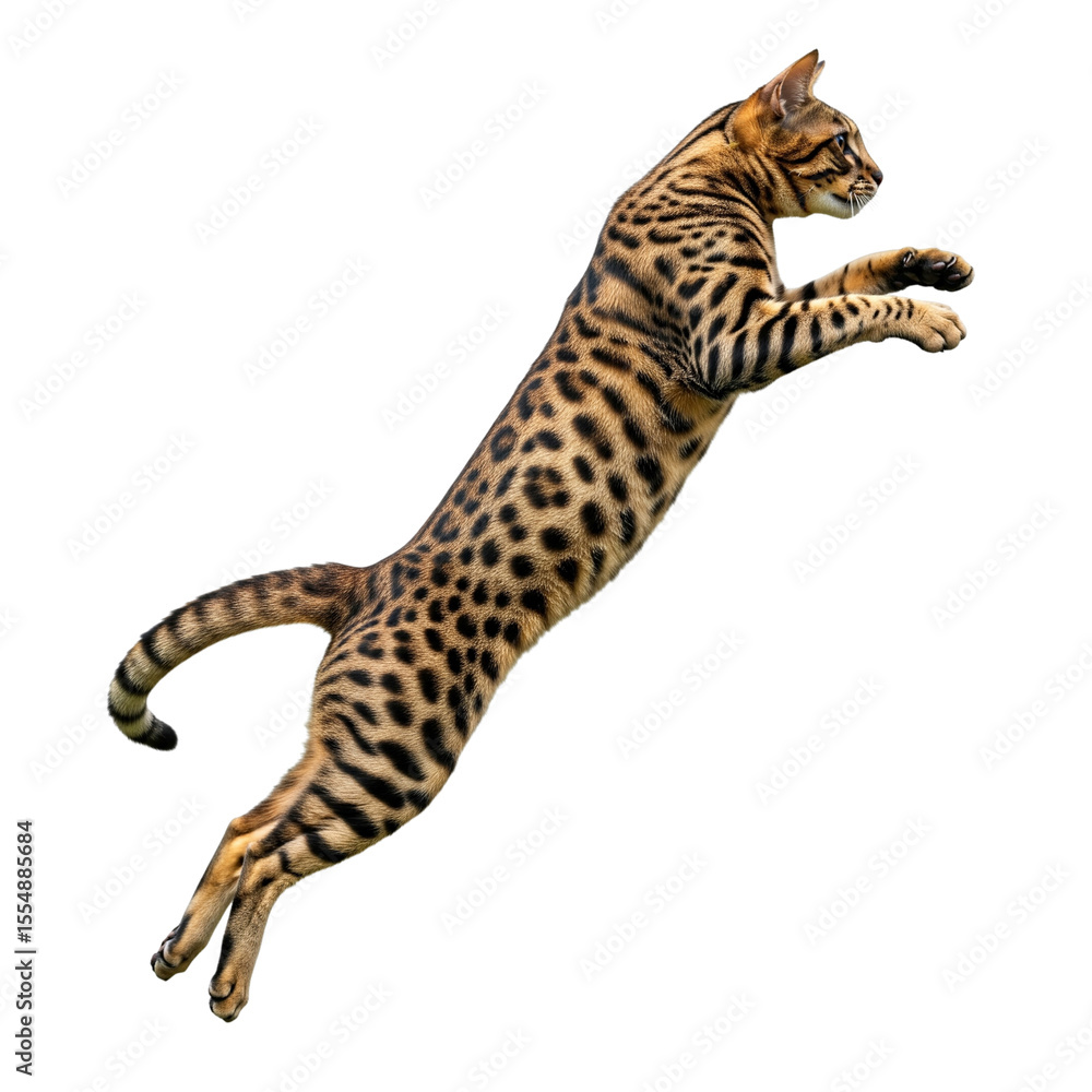 Fototapeta premium Elegant bengal cat with spotted fur in mid air jump against white background