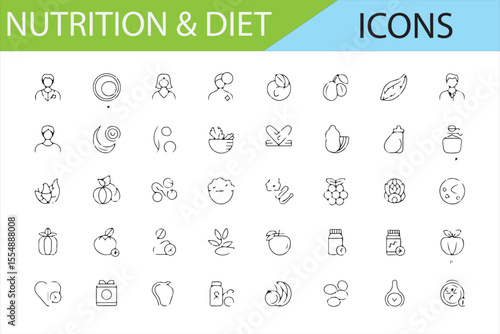 Icon Set for Healthy Eating, Vitamins, and Nutritional Guidelines
