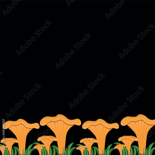 Frame background with mushrooms and chanterelles in the grass at the bottom of the frame, vector illustration, mushrooms on a black background. Hand-drawn botanical drawing in vector.