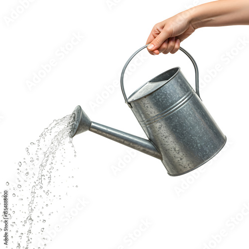 Hand Pouring Sparkling Clear Water from Classic Galvanized Metal Watering Can – Essential for Healthy Plants, Isolated on White or Transparent Background