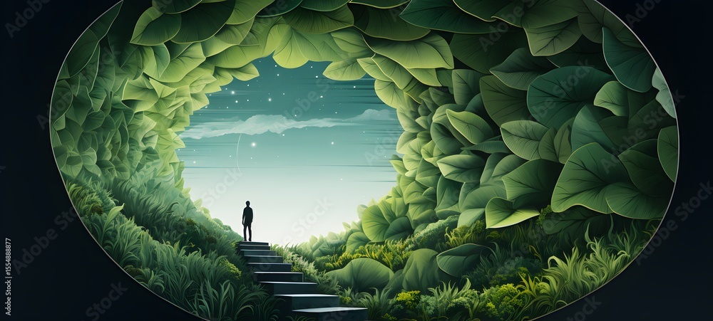 Fototapeta premium pop surreal unreal silhouettes spiral towards green leaf, ai generatif