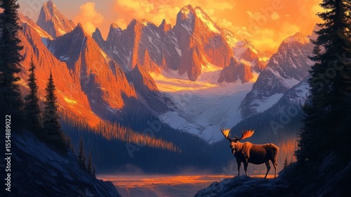 Moose stands watchful at the edge of a glacial valley bathed in golden sunset light. Dramatic mountain peaks frame a serene scene