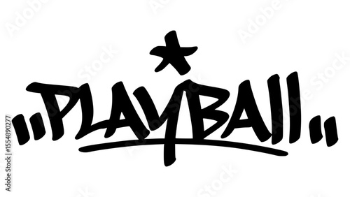 Graffiti tag of "Playball" in bold black hand-drawn style. Urban street lettering with baseball theme and transparent background, perfect for energetic, sporty, and youth visuals.
