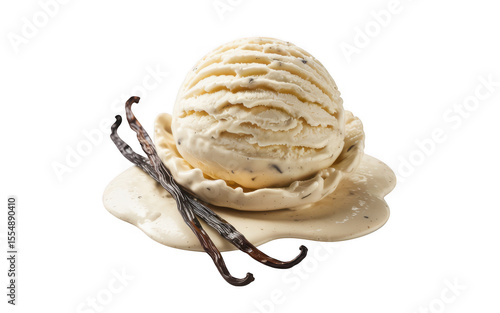 Delicious vanilla bean ice cream scoop with vanilla pods isolated on transparent background