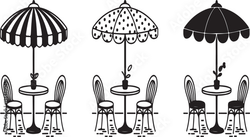 Outdoor cafe seating with striped and dotted umbrellas tables chairs