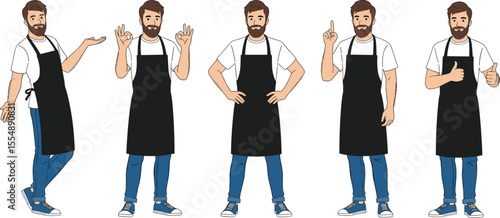 Cartoon bearded man in apron standing, showing different hand gestures, wearing casual clothes, character design, vector illustration, professional appearance