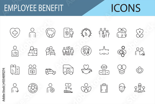 A set of Employee Benefit icons representing various workplace benefits such as health care, insurance, wellness programs, maternity leave, and more. The icons depict employee perks, compensation, and