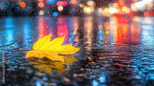 A vibrant yellow leaf rests on a wet city street during a rain shower.