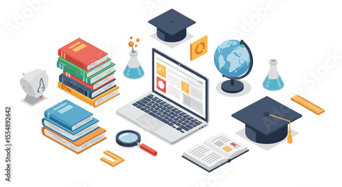Educational tools and graduation icons vector illustration for school design in isometric style