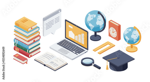 Educational vector illustration of school supplies in isometric style for classroom poster design